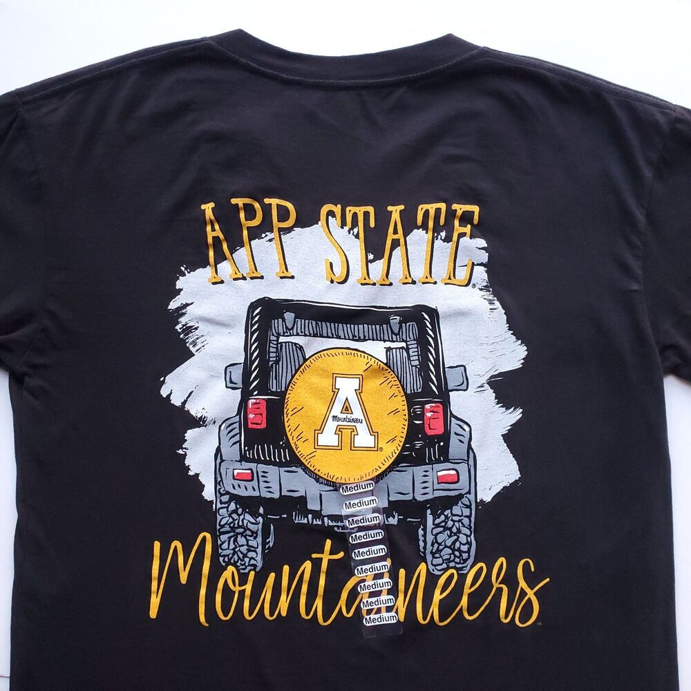 NEW App State Mountaineers T Shirt Mens M 100% Cotton V Neck Appalachian Black
